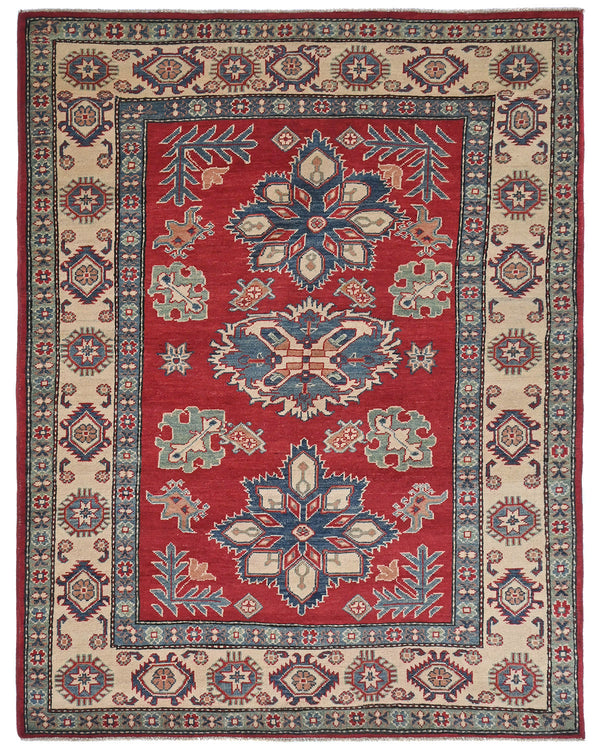 5x7 Red Kuba Afghan Hand Knotted Wool Area Rug